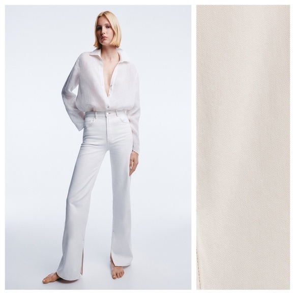 NWT. Massimo Dutti Off White High-Waist Split-Hem Trousers/Jeans. Size 8. - Picture 1 of 11